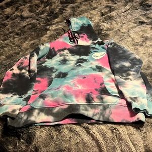 Youth XL tie-dye Hoodie with “I wanna leave” on back